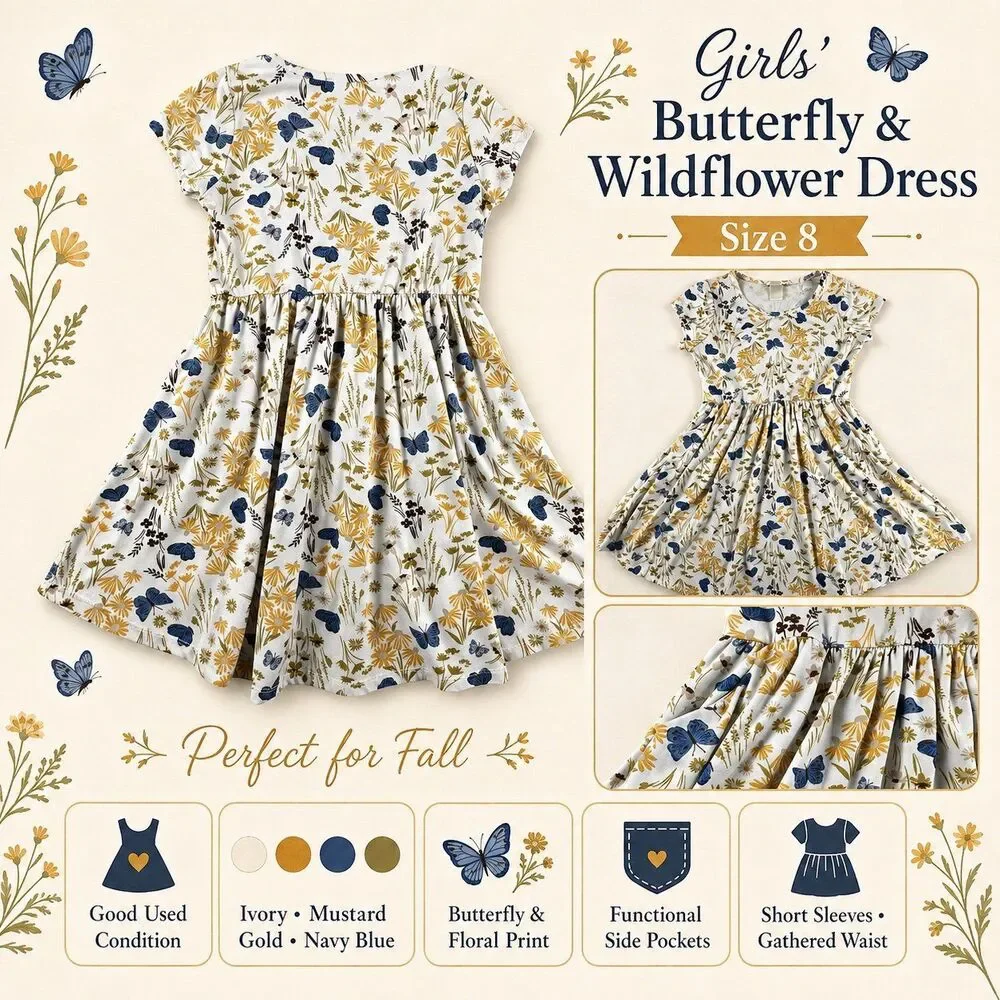 Girls Size 8 Butterfly Floral Dress Ivory Mustard Blue Pockets Fall